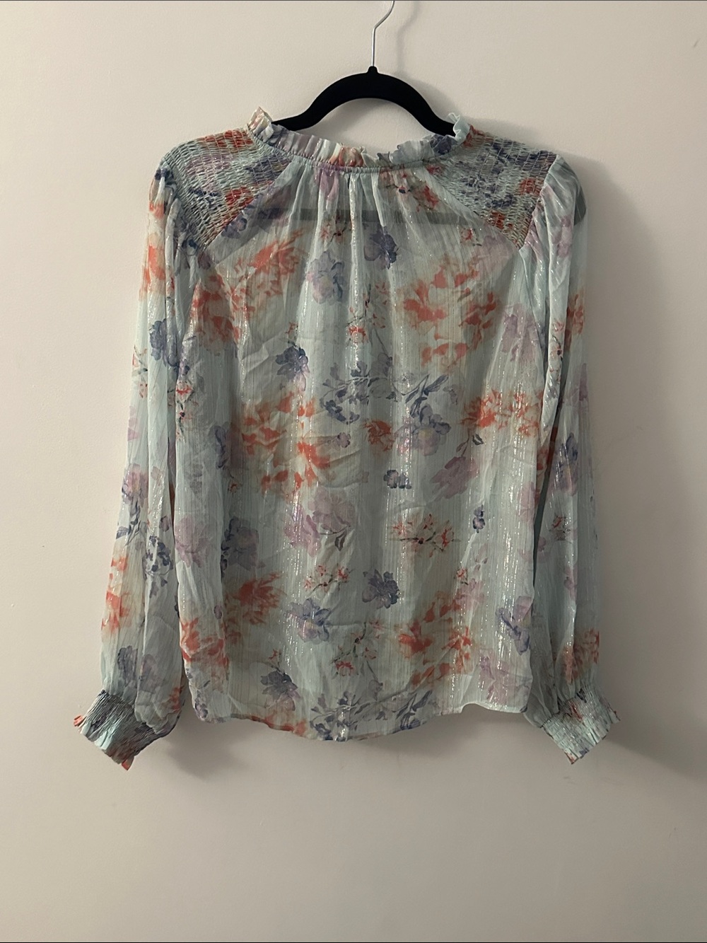 Sheer Floral Smocked-Yoke Blouse in Soft Blue